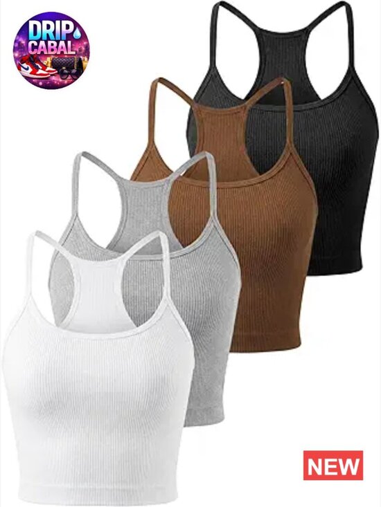 Tops - 4 Pack Ribbed Racerback Workout Crop Tank Tops with V-Neck
